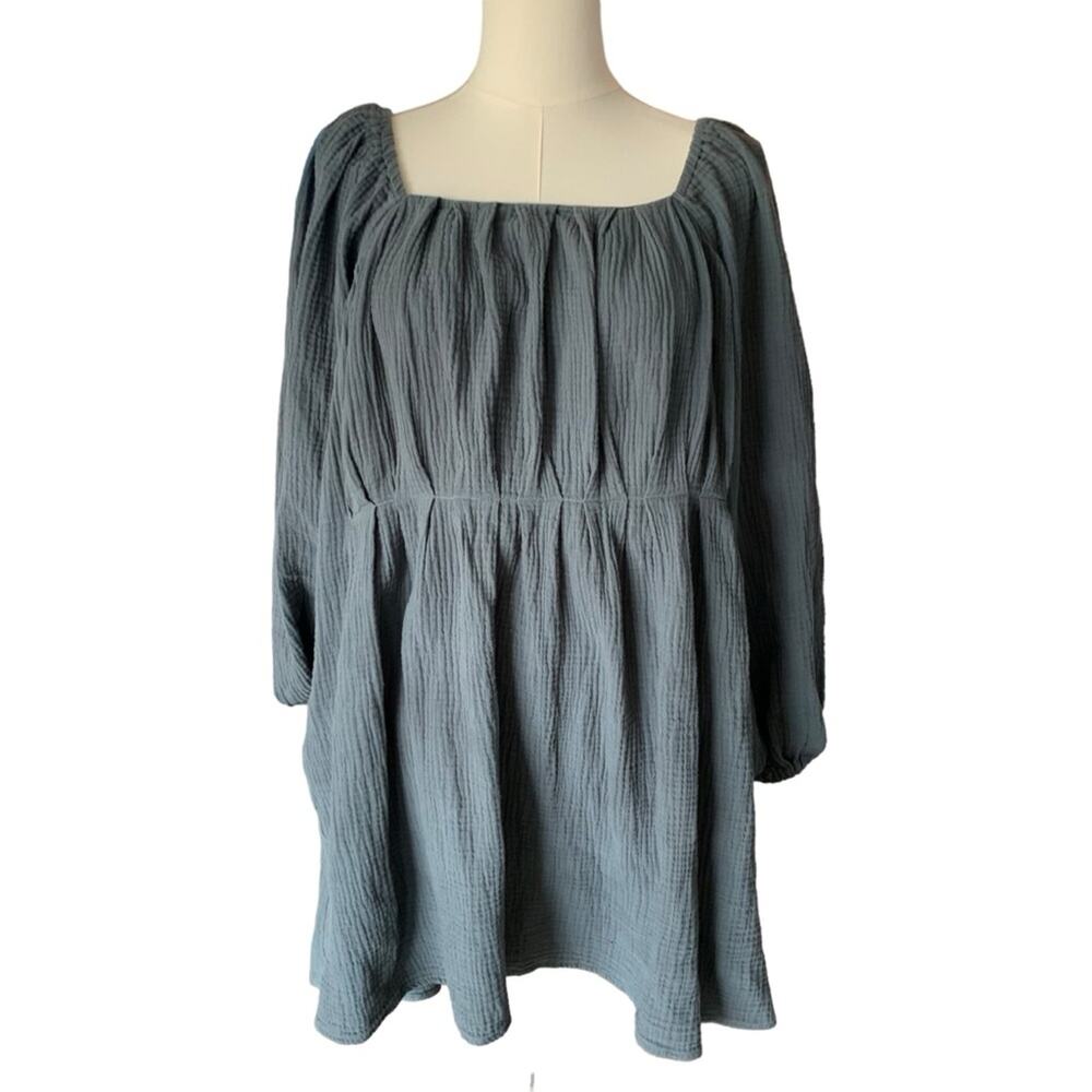 Arula Gauze Tie Back Mini Dress Empire Waist Long Sleeves Flowy Pockets Blue XL